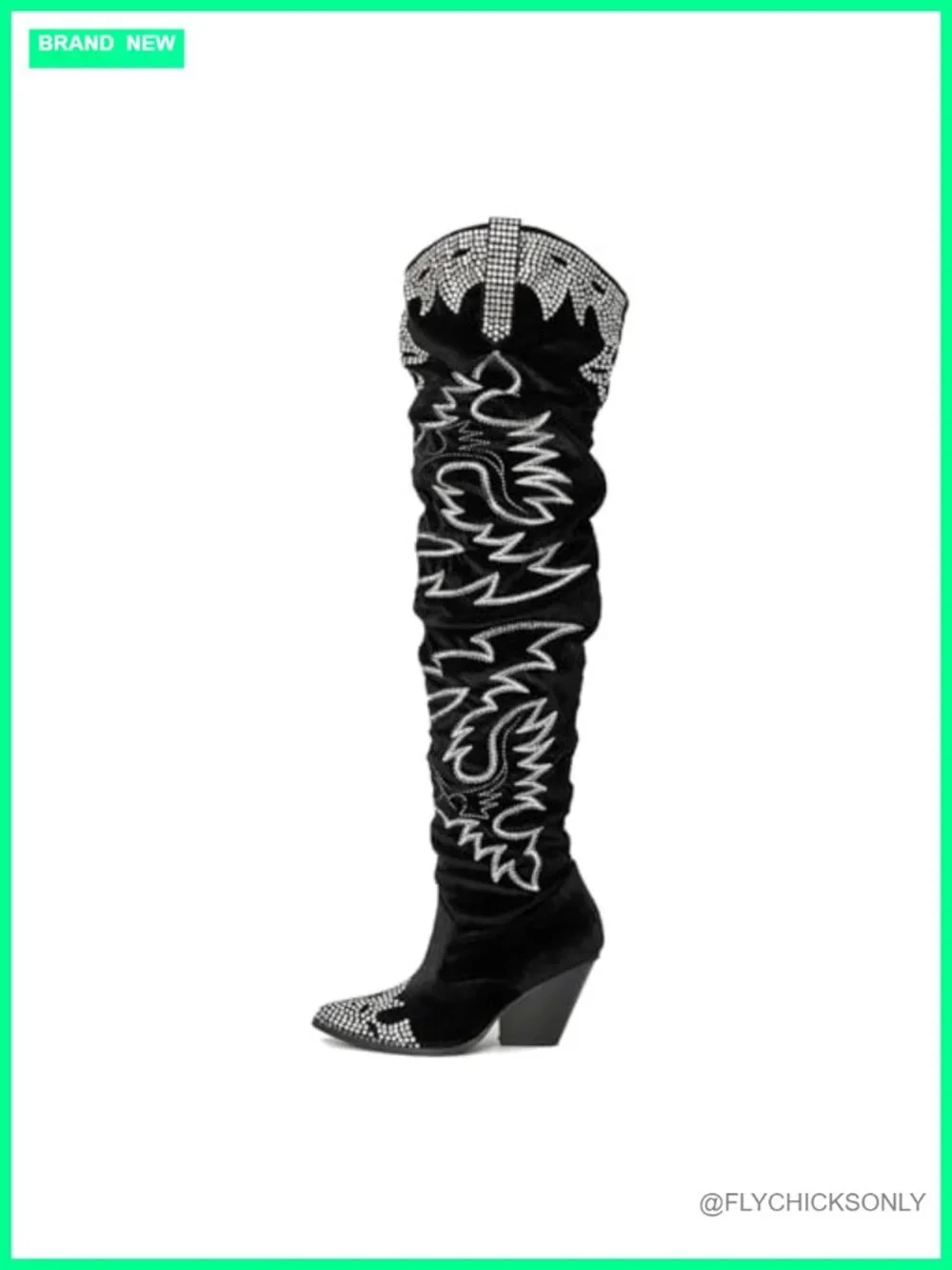 Rhinestone Embroidered Velvet Thigh High Slouchy Wide Calf Pull On Over the